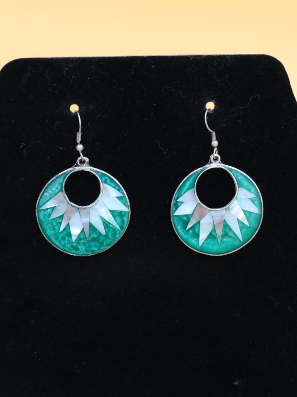 Vintage Mexican Alpaca Silver Inlay Dangle Earrings-Mother-of-Pearl/Green Enamel